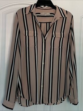 Ann Taylor Loft Utility Shirt XS pink black white stripe button down long sleeve
